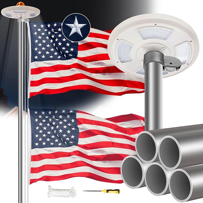 25FT Sliver Heavy Duty Flag Pole Kit with 3x5 Ft American Flag & Solar Light - 12 Gauge Aluminum Tubing, Resistance High Winds, Hardware Flagpole Set for Residential Commercial Outdoor Ready