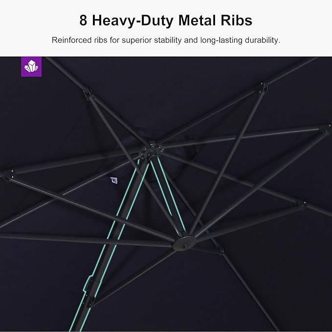 PURPLE LEAF 10' × 13' Patio Cantilever Umbrella with Base Outdoor Rectangle Adjustable Offset Umbrellas with 360-degree Rotation and 8 Heavy Duty Metal Ribs for Garden Deck Pool Navy Blue