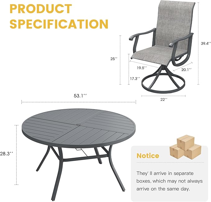 VICLLAX 7 Pieces Patio Dining Set for 6, Outdoor Furniture Set Includes 53" Outdoor Round Table and 6 Patio Swivel Chairs for Lawn Garden, Grey Tabletop and Grey Fabric