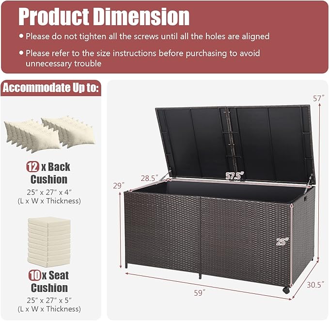 Tangkula 175 Gallon Outdoor Storage Box, Wicker Patio Deck Box with 2 Universal Wheels and Waterproof Zippered Liner, Outdoor Storage Container for Cushions, and Garden Tools