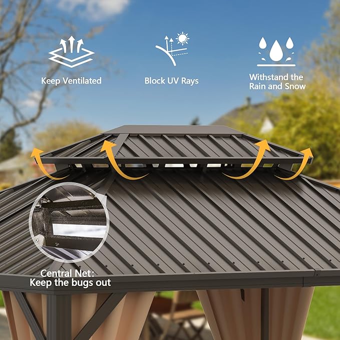 Domi 12’ x 18’ Hardtop Gazebo Aluminum Frame Canopy with Netting & Curtains, Outdoor Permanent Metal Pavilion with Galvanized Steel Double Roof for Patio Lawn and Garden, Brown