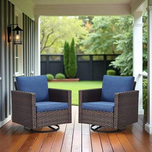 Luxury Outdoor Swivel Rocker Patio Chairs Set of 2, Swivel Patio Chairs for Porch, Yard, Deck, Poolside, Brown/Blue