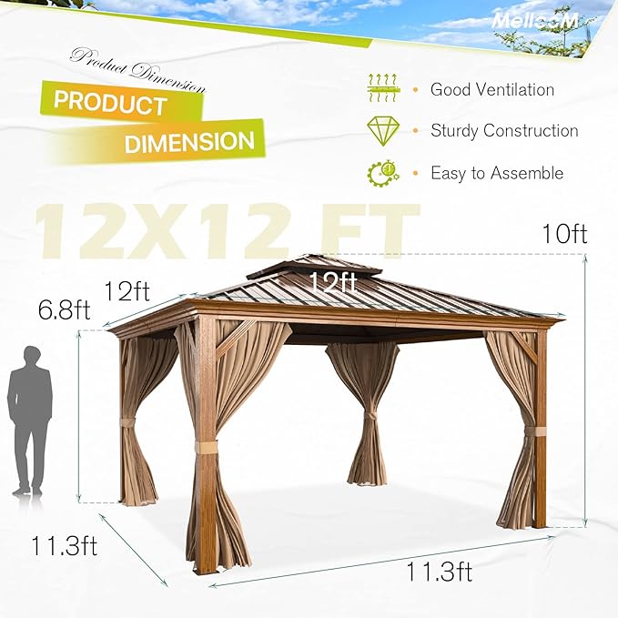 MELLCOM 12'x12' Hardtop Gazebo, Wooden Finish Coated Aluminum Frame Canopy with Galvanized Steel Roof, Outdoor Metal Gazebos with Curtains and Nettings for Patio, Backyard, Deck and Lawns