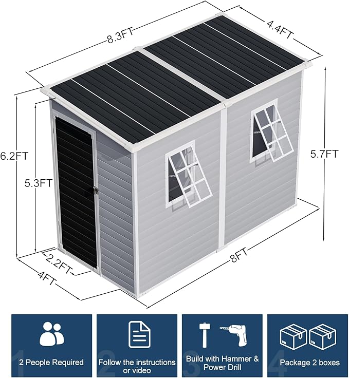 8x4 FT Resin Storage Sheds with Floor and Adjustable Openable Windows, Large Waterproof Garden Sheds with Base, Outside Plastic Sheds with 2 Windows for Backyard Garden Patio Lawn Tools Storage, Gray