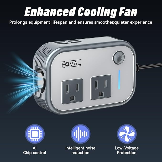 200W Car Power Inverter, FOVAL 12V DC to 110V AC Car Inverte with 4 USB Ports Car Outlet Adapter, Power Inverter for Vehicles, Car Plug Adapter Outlet for Laptop Computer Charger (Gray)
