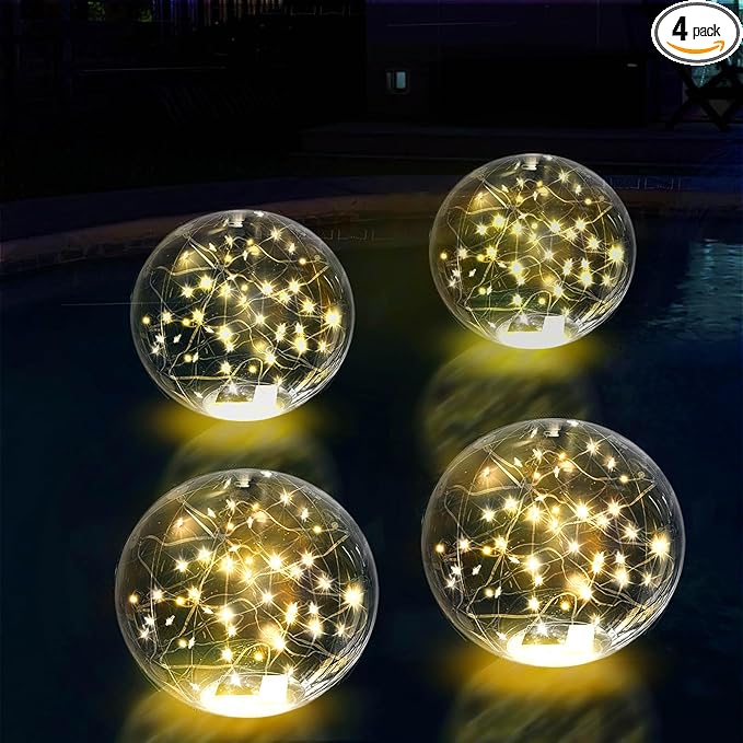 Solar Powered Floating Pool Lights - 14" Inflatable Waterproof Floating Light UP Pool Glow Balls, 3000K Warm-White Led Pool Lights That Float for Party Decorations, Outdoor Patio Detor (4)