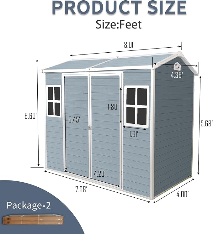 8x4 FT Outdoor Storage Shed,Garden Shed with Floor & 2 Windows,All Weather Waterproof Tool House W/Air Vent,Sloped Roof & Lockable Double Door,for Patio,Yard,Lawn,Grey