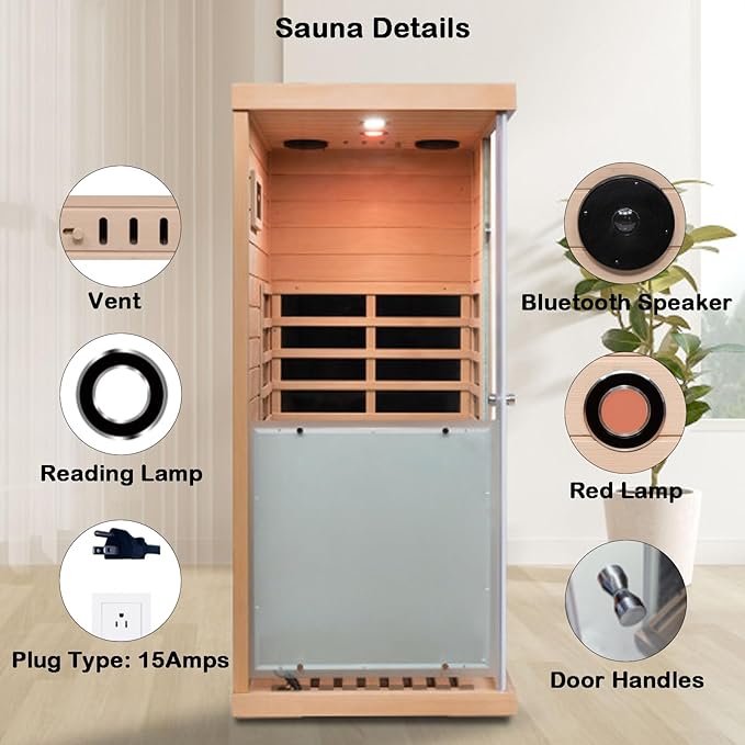 Hemlock Deluxe Mini Indoor Sauna 1 Person, Far Infrared Sauna at Home, Wooden Dry Sauna 1060w with 6 Far Infrared Heating Plate, Bluetooth Speaker, Red Light, Reading Light(Left Door)