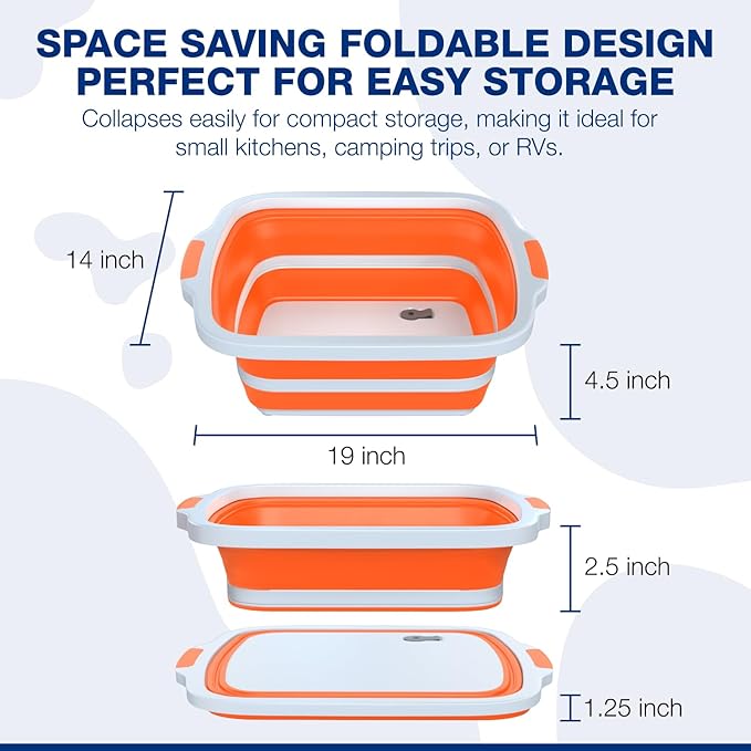 2-Pack XL Collapsible BBQ Prep Tub with Built-In Cutting Board, Lid & Strainer – Marinate, Drain & Prep – Large Food-Safe Container – Perfect for Grilling, Smoking & Outdoor Cooking