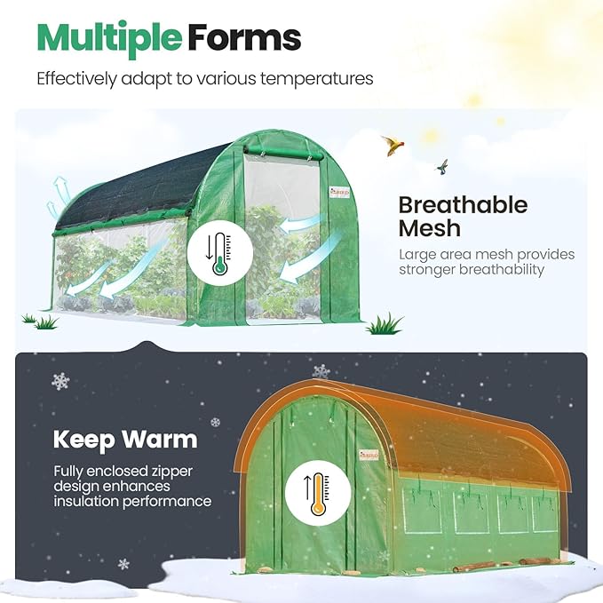 KING BIRD Premium 15x6.6x6.6FT Greenhouse for Outdoors, Large Walk-in Heavy Duty Galvanized Steel Frame, Mesh Door Screen Window Tunnel Hoop Garden Plant Winter Hot House, Side Screen Mesh, Green