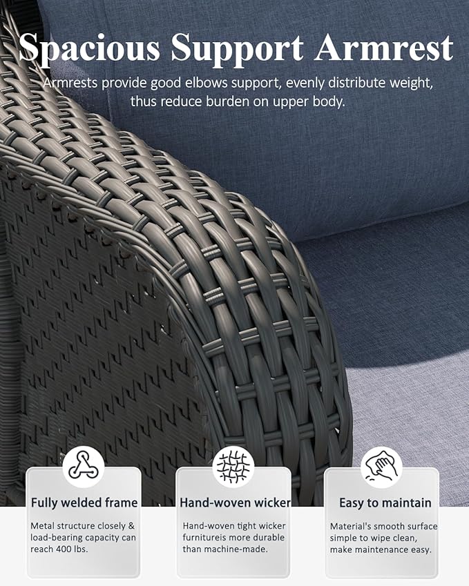 LayinSun 3 Piece Wicker Outdoor Furniture Set with 6-inch Comfy Cushions, High Back Patio Furniture Set with Swivel Rocking Chairs and Side Table