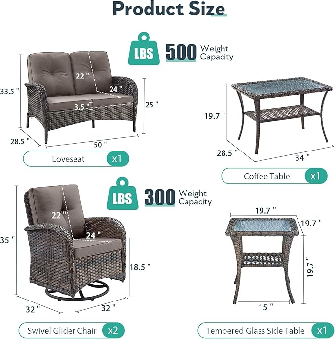5 Piece Patio Furniture Set - Wicker Patio Conversation Set with Swivel Glider, Loveseat Bench, Tempered Glass Side Table and Coffee Table for Deck Backyard - Brown Wicker Grey Cushion