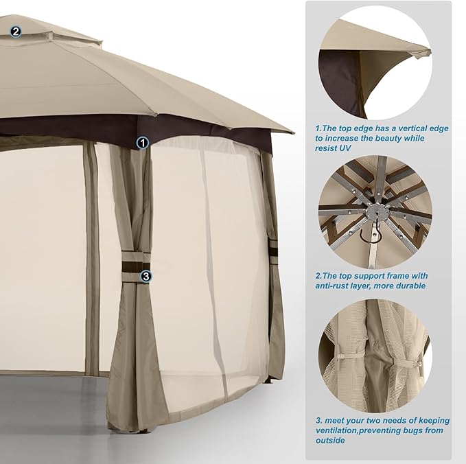 MASTERCANOPY Outdoor Patio Gazebo for Garden with Upgrade Steel Frame and Netting Walls (10x12,Khaki)