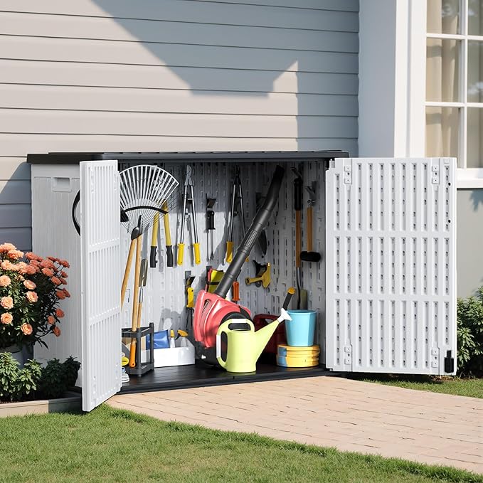 Patiowell 25 Cu.ft Outdoor Storage Cabinet with Lockable Door, Waterproof Horizontal Storage Shed for Tools and Patio Furniture, All-Weather Resin Shed Easy Assemble for Pool or Backyards, White