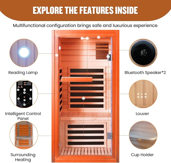 Sauna, Far Infrared Saunas for Home 1 Person Wooden Sauna 1065W/120V Low Emf Dry Sauna Indoor Sauna Room with Tempered Glass Door/Speakers/Air Hole and Colored Lighting - 31.5 * 31.5 * 63 in