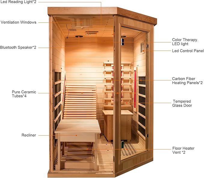 Infrared Sauna with Recliner, 1-2 Person Hemlock Wood Indoor Home Sauna, Dry Sauna Spa with 2300W/220V Heater Tube & Carbon Panels, Control Panel, 10 Minutes Pre-Warm up, Oxygen Bar, Hourglass