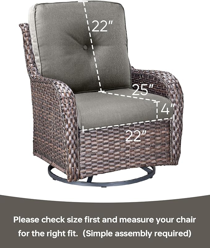 Pop 22x25/22x24 Outdoor Cushions for Patio 5 Piece Set - Set of 5 Water-Resistant Replacement Cushion for Wicker Dining Rocking Swivel Chairs Loveseat Couch Sectional Sofa - Grey/Button