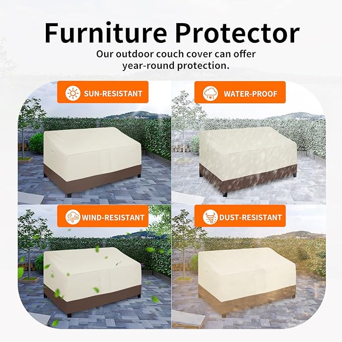 Easy-Going Waterproof Outdoor Couch Cover, Heavy Duty 3-Seater Patio Sofa Cover, Winchdproof Outdoor Furniture Cover with Air Vent (88Wx40Dx33H inch, Beige/Dark Brown)