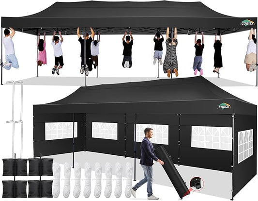 COBIZI 10x30 Pop up Canopy Tent 10x30 Canopy with 8 Sidewalls Waterproof Heavy Duty Commercial Tent for Parties Outdoor Garden Gazebo, Carry Bag with Wheel(10x30ft, Black)