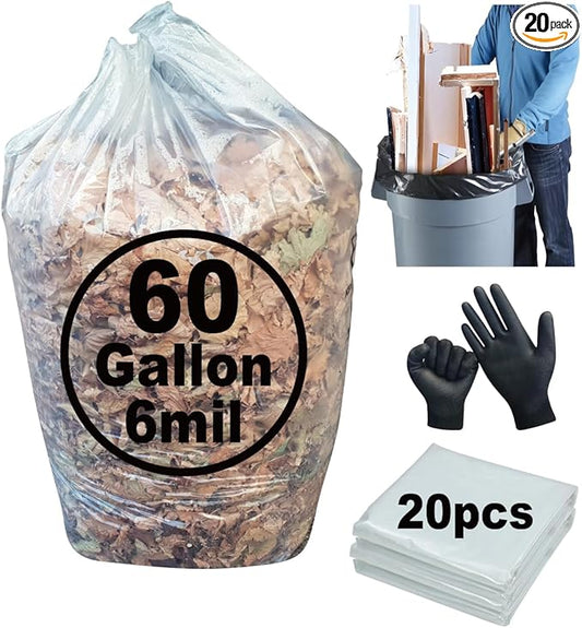 6 Mil Clear Contractor Bags - 20 Pack Heavy Duty Contractor Trash Bags for 50/55/60 Gallon Large Clear Garbage Bags (Extra Thick, Tear Resistant) (32" X 52")
