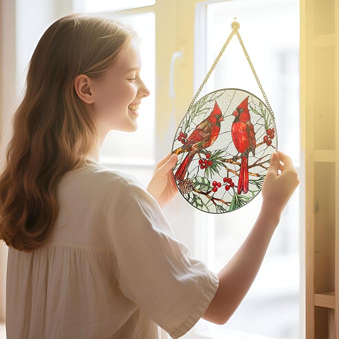 Cardinal Stained Glass Window Hanging, 8 Inch Sun Catchers Indoor Window, Suncatchers for Windows Hanging, Home Decor and Christmas, Festival, Mother's Day, Birthday, Cardinal Gifts for Women, Men