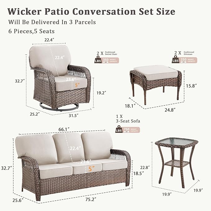 6 Pieces Patio Furniture Set Outdoor Sectional Sofa Couch with Rocking Swivel Chairs 5" Deep Seat Chairs, Modern Wicker Rattan Conversation Set, Beige/Brown Wicker