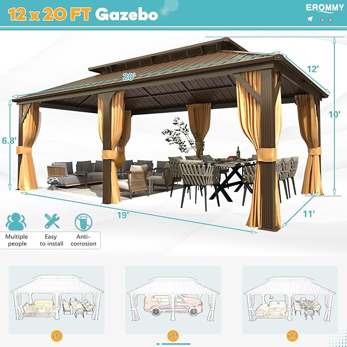 EROMMY 12' x 20' Hardtop Gazebo, Aluminum Frame Gazebos with Galvanized Steel Double Roof, Permanent Outdoor Metal Pavilion with Curtain and Netting for Patio, Lawn, Deck