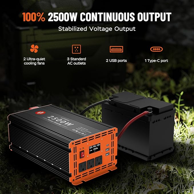 2500 Watt Power Inverter 12V DC to 110V/120V AC Converter Peak Power 5000W Car Inverter with LCD Display 3 AC Outlets, 2 USB & Type-C Port for RV,Truck,Off-Grid Solar System with Remote Controller