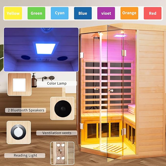 Infrared Sauna 2-3 Person Infrared Saunas for Home, Indoor Corner Sauna Spa Low Emf Infrared Sauna with 7 Color Therapy Dry Sauna for Home,2 Bluetooth Speakers, 2 LED Reading Lamp