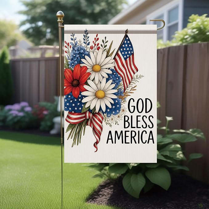 God Bless America Garden Flag 12x18 Inch Double Sided 4th of July Patriotic Flag Daisy Flower Yard Banner Outdoor Decoration for Memorial Independence Day Seasonal Holiday Home Decor