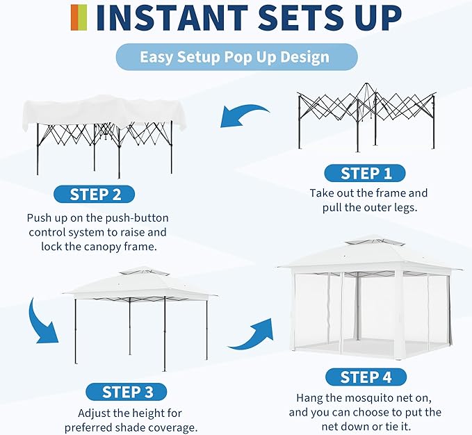 11x11 Pop Up Instant Gazebo Tent for Backyard, Pop Up Gazebo With Mosquito Netting, Outdoor Canopy Gazebos Waterproof With Portable Carrying Bag