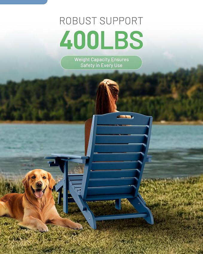 Folding Adirondack Chairs Set of 2,Adirondack Chair with Retractable Ottoman,Plastic Adirondack Chairs with 2 Cup Holder,Weather Resistant Patio Chair,Outdoor Chairs Set of 2(Navy Blue)