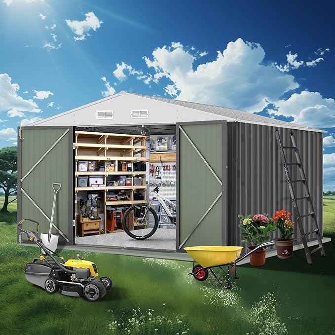 12X10FT Metal Outdoor Storage Shed - Galvanized Steel Waterproof Garden Shed with Lockable Doors & Vents, All-Weather Utility Tool Shed for Lawn Mower, Bike