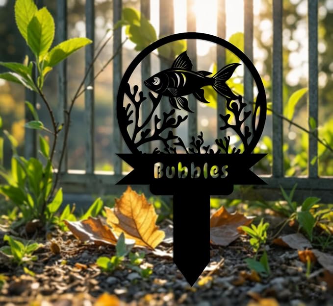 Custom Fish Metal Memorial Plque,Personalized Fish Remembrance Stake,Fish Loss,Grave Markers,Outdoor Garden Yard Sign 18inch