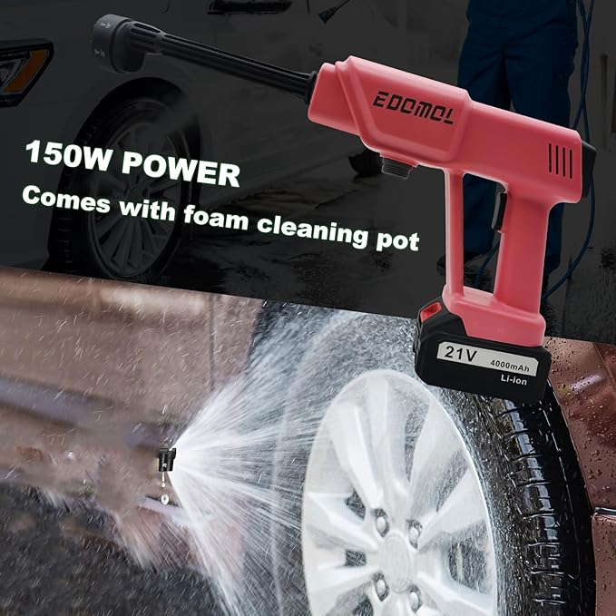 Cordless Pressure Washer,Portable 21V Battery Power Washer for Ladies Women,Electric Pressure Washer Handheld with 6-in-1 Nozzle and Foam Pot,Car Cleaner Gun for Outdoor Floor Garden Wall,Pink