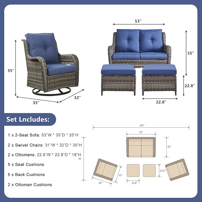 Rilyson 5 Piece Outdoor Patio Furniture Set - Rattan Wicker Patio Conversation Sets with 2 Swivel Rocker Chairs,2 Ottomans and 1 Loveseat for Outside Porch Deck Backyard(Mixed Grey/Blue)