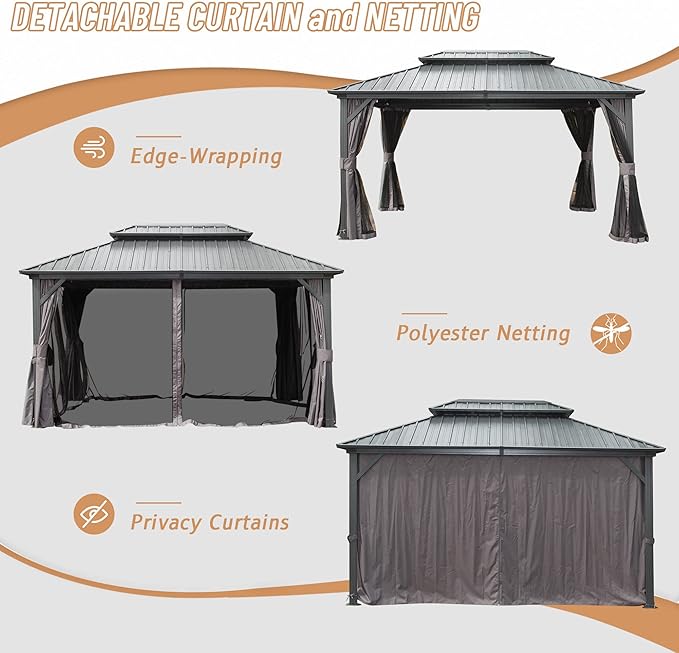 Domi 12' x 16' Hardtop Gazebo Permanent Metal Gazebo with Galvanized Steel Double Roof Canopy, Curtains, and Netting for Patio Lawn and Garden, Grey