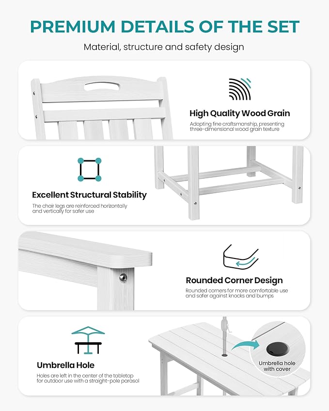 HDPE Outdoor Patio Dining Set with Table & 6 Chairs, All-Weather 7-Piece Outdoor Table and Chairs, 2" Umbrella Hole, Patio Furniture for Garden, Backyard, Deck | White