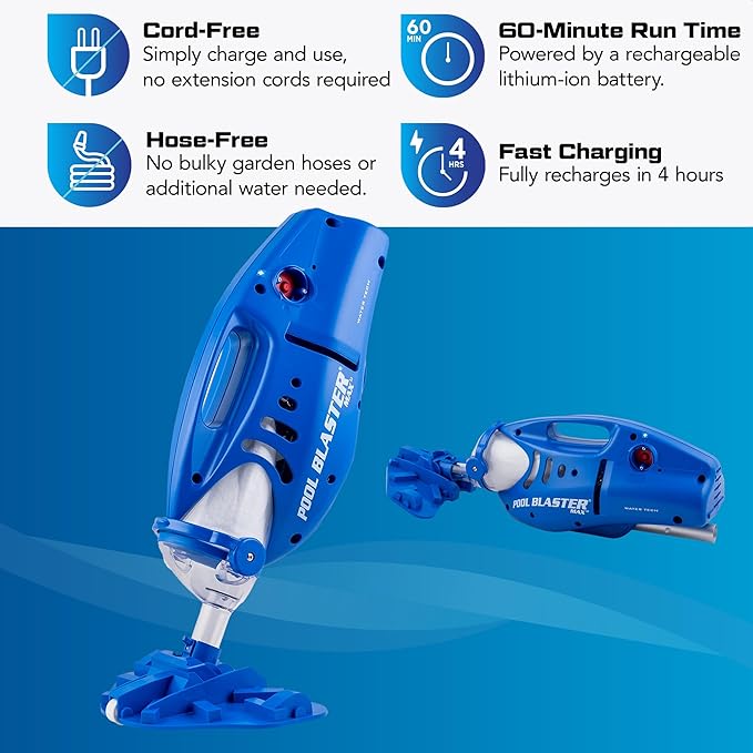 POOL BLASTER Max Cordless Pool Vacuum for Deep Cleaning & Strong Suction, Handheld Rechargeable Swimming Pool Cleaner for Inground and Above Ground Pools, Hoseless Pool Vac by Water Tech