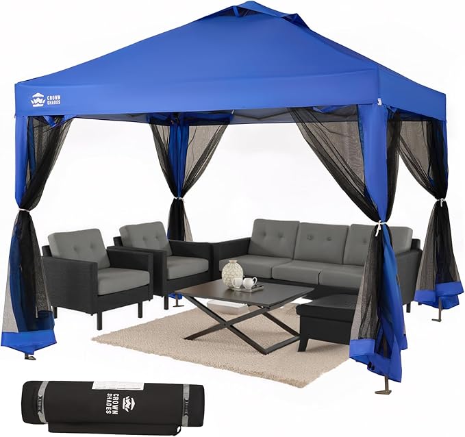 CROWN SHADES Gazebo 10x10 Pop Up Canopy with Mosquito Netting, Screen Tent with 4 Ropes, 8 Stakes, 4 Sandbags and Wheeled Storage Bag, Canopy for Patio & Backyard, Blue