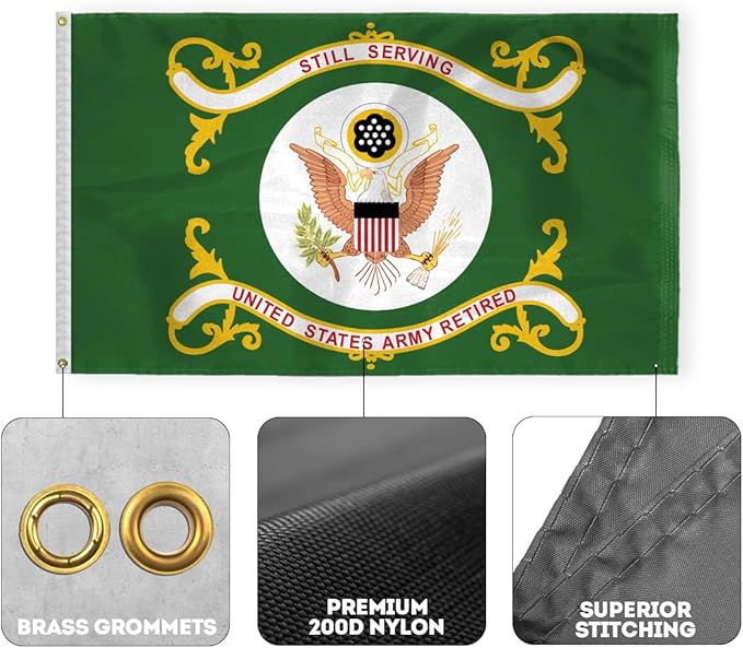 AGAS US Army Retired Flag 3x5 Ft - Printed 200 Denier Nylon - Double Stitched Edges Canvas Header Brass Grommets - Indoor/Outdoor US Army Retired Flag 3' x 5'