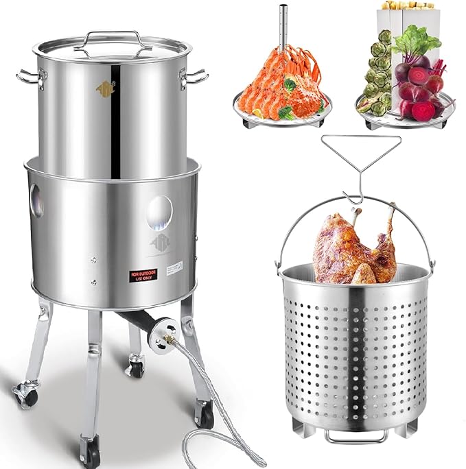 ARC 40QT Stainless Steel Stockpot With 200,000BTU Propane Burner, Seafood Boil Pot and Burner with Basket and Steamer Rack, Cookware for Crawfish Crab Shrimp Lobster Boil, Turkey Fryer, Tamale Steamer
