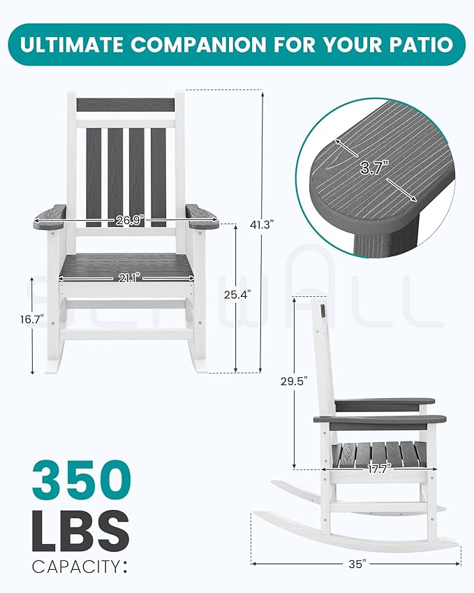 SERWALL Outdoor Rocking Chair, HDPE Rocking Chairs for Adult, All Weather Porch Rockers for Lawn Garden, Gray & White