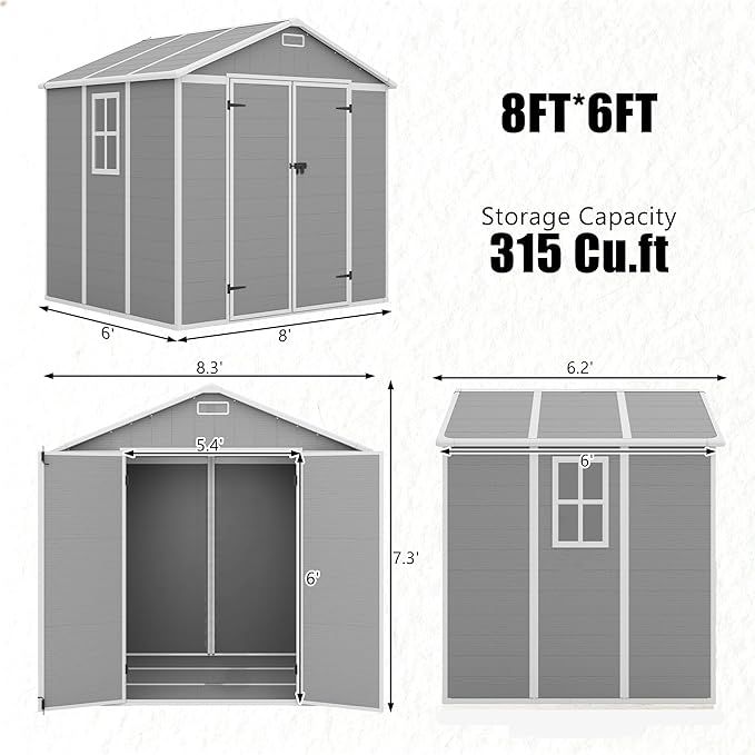 Outdoor Shed 5x3/6x4/7x7/8x6/8x10/8x12 FT, 15MM Thick PP Resin Plastic Shed with Lockable Door & Floor - Waterproof Plastic Tool Shed for Bike, Garbage Can, Backyard, Patio ﻿ ﻿ (Grey, 8x6FT)