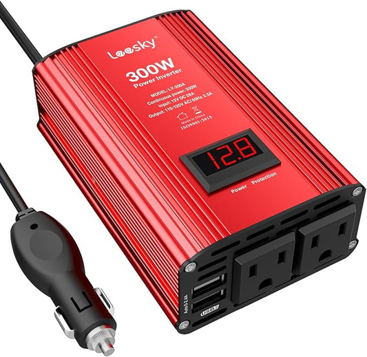 300W Car Power Inverter 12V DC to 110V AC Car Converter Adapter with LCD Display for Car Battery Status Monitor and Smart Fan Dual 4.8A USB Ports 2 AC Outlets LEESKY