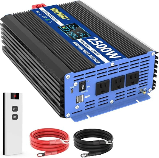 2500W Pure Sine Wave Power Inverters DC 12V to AC 110V 120V with Type-C Port 3 AC Outlets Dual USB Ports LCD Display Remote Controller, 2500 Watt Continue Power Converter for Home RV Solar Car…