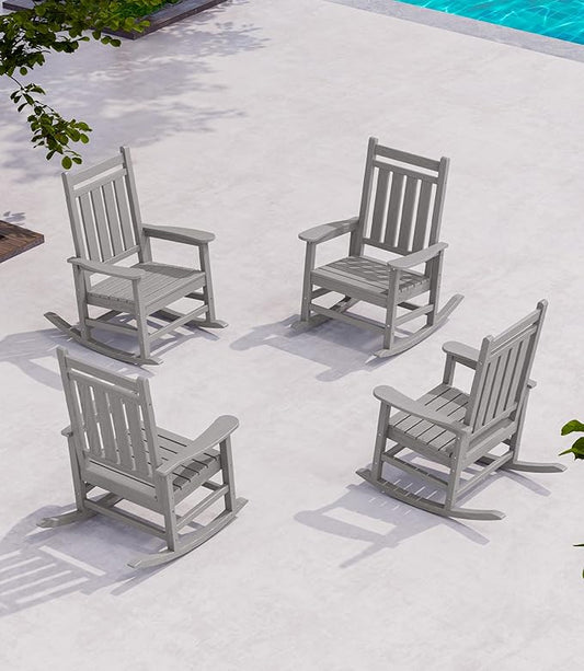 SERWALL Oversized Outdoor Rocking Chair Set of 4, HDPE Rocker for Adults, Patio Rocking Chairs for Porch, Sliver Gray
