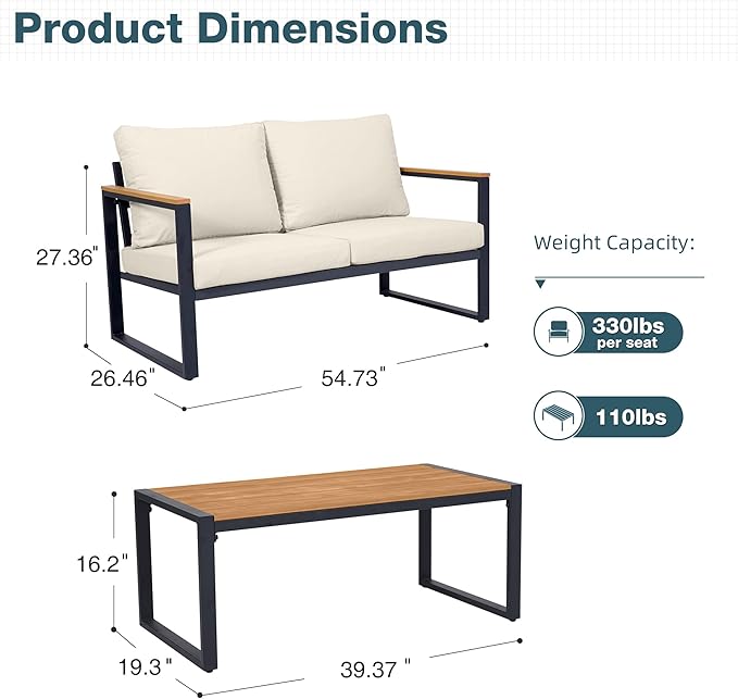 Outdoor Furniture Set, Patio Loveseat and Coffee Table, Outdoor Conversation Chair Sets for Balcony Backyard Park Garden, Beige