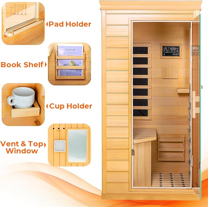 Far Infrared Sauna - 1 Person Infrared Sauna Red Light Therapy for Home, 850W 110V Canadian Hemlock Wood Saunas with Control Panel/Tempered Glass Door/Speakers, Mini Sauna Dry Room (Wood)