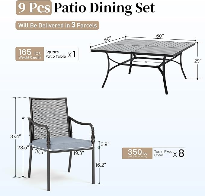 Patio Table and Chairs Set of 8, All Weather Breathable Metal Mesh Patio Chair with Gourd-Shaped Armrests, 60x60 Square Table with Umbrella Hole, 9 Pcs Metal Frame Patio Dining Set